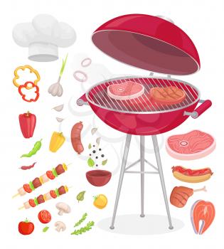 Beefsteak grilling meat isolated icons vector set. Grille grid with beef and pork roasted chicken with veggies. Vegetables condiments and chefs hat