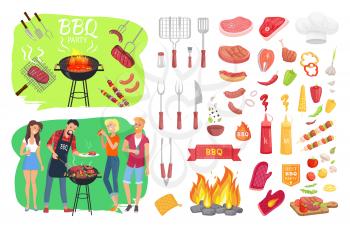 BBQ party set people cooking meat isolated icons set vector. Grilling beef and sausages. Flatware with vegetables barbeque fire and protective mittens