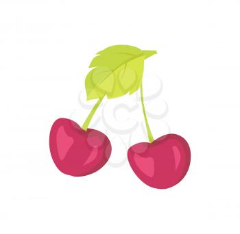 Ripe cherry berry on stem with leaf. Tasty juicy food grown on tree full of vitamins. Product from garden or orchard isolated vector illustration.