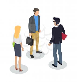 Businessman at meeting 3d isometric icons of people. Secretary woman document and boss with files backside view talking to client isolated on vector