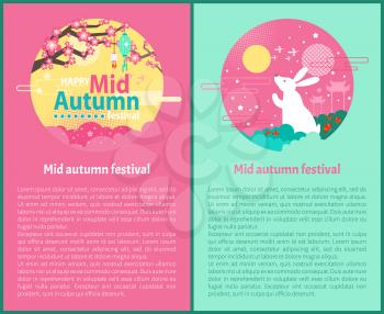 Happy mid autumn festival set with text and animal. Sakura blooming rabbit at night with flowers and full moon. Birds flying and architecture vector