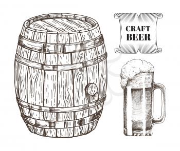 Craft beer glass and wooden barrel alcoholic drink. Monochrome sketches outline of keg and alcohol with foam poured in mug. Ribbon and text vector
