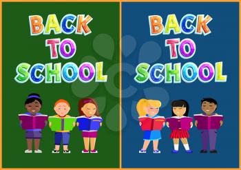 Back to school poster set including children standing with books and reading. Cartoon vector pupils or preschoolers with educational material in hands