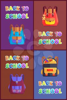 Back to school backpacks set with accessory of plush bear. Pupils satchel knapsack with shoulder straps and ruler pencil supplies for kids vector