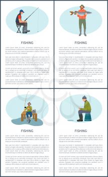 Fishing activity posters set with text sample. Men wearing special clothes using rods. Fisherman sitting on wooden pier dock and catching fish vector