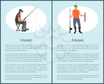 Fishing man set of posters. Fishery males sitting on stool by river holding rod in hands. Person showing caught fish adventures of fisherman vector