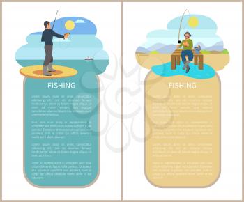 Fishing man fishery posters with text set. Beach and fisherman with rod and fish in hand. Ship floating in distance and person on wooden pier vector