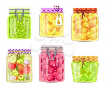 Preserved fruits and vegetables in jars set. Greek olives, pineapple rings, sweet apricots, cucumbers with tomatoes, lime slices vector illustrations.