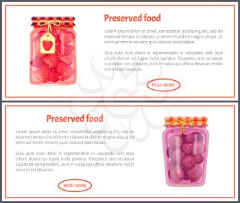 Preserved food banners with fruit or berry in jars. Cherry and peach jam, homemade canned products web pages vector illustrations, button under text.