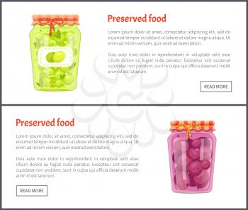 Preserved food banners set with olives and plum in jars. Fruits or vegetables inside containers, sweet compote, salty marinade vector illustrations.