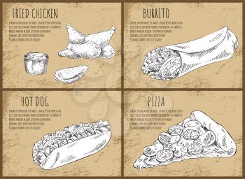 Fried chicken Mexican burrito dish wrapped vegetables and meat. Monochrome sketches outline pizza and hot dog bun with sausage posters set vector