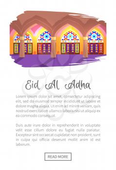 Eid Al Adha view of mosque inside, traditional ornamental architecture and decoration of sacred holy place, web page with text vector illustration