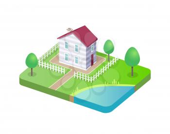 Modern house 3D template vector isolated, cottage building with two floors and triangular roof, pond and trees, wooden fence, rural home isometric icon