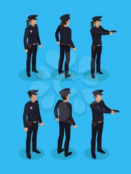 Police officers in uniform, job profession icons. Policeman and policewoman characters with weapons from different angles, cartoon vector characters