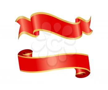 Ribbon icons of banners set of red stripes with borders. Decorative element designed to put text sample in it. Swirl with curly shaped ends vector