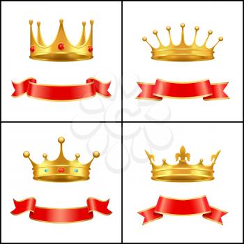 Crowns symbol of regal power and red banners set. Corona with diamonds and gemstones. Gold coronet diadem with golden cross on top isolated vector