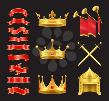 Ribbon and crowns swords icons set. Swirled banners with royal signs of power. Coronet with diamonds trumpets and red solemn flags isolated on vector