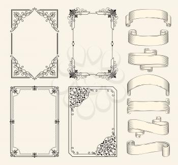 Frames and ribbons vector monochrome sketch set. Frameworks with geometric ornament and curls, floral pattern, shaped and rolled, scroll strips icon
