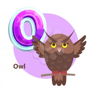 Owl vector applique for O vowel spelling. Isolated wise bird for teaching alphabet to children. Crisscross-row letter with howlet cartoon character.