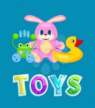 Kids toys set, colorful isolated vector icon. Big pink plush soft fluffy rabbit, yellow rubber duck and green plastic frog rattle with noisy rings