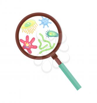 Bacteria and microbe or virus microorganisms through magnifying glass. Vector fancy shaped germ microscopic life creatures zoomed with loupe poster.