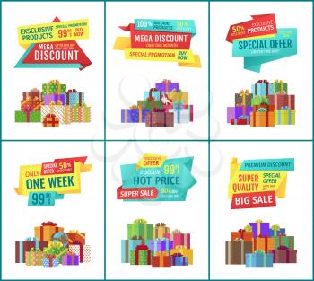 Special offer mega discount set with presents gifts in box decorated with ribbons and bows. Quality products super sales limited week only vector