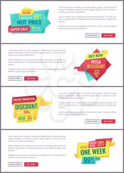 Special offer banners set, vector design icons. Hot price, mega sale, premium discount, best choice, exclusive products, limited time promotion poster with text