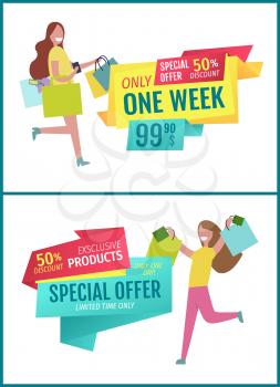 Special offer vector banner with people shopping. Only one week promotion, exclusive products, limited time, discount and happy ladies with packages