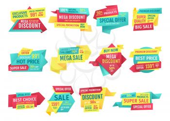 Special offer banners set, vector advertising. Discounts and promotions just month, premium quality, exclusive products only one day. Buy now touting title for super sale in limited time poster