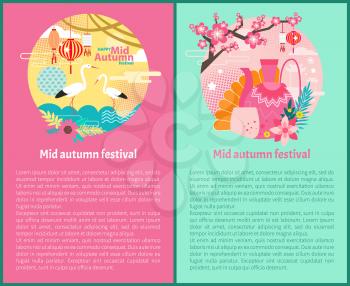 Happy mid autumn festival set with text. Teapot and cup with hot beverage tea ceremony. Storks and lanterns traditional elements isolated on vector