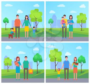 Family with children and dog on walk in city park. Mother, father holding newborn next to daughter or son, trees above grass vector illustrations set.