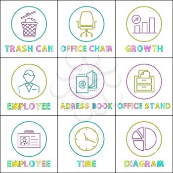 Trash can and office chair, growth diagram with arrow-up and round scheme, employee man and identity card, adress book and wall clock lineart icon set