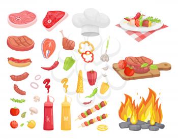 BBQ set, meat and spice vector. Steak and sausage and chicken, veggie and herbs, sauce bottle, dish on plate, cutting board, bonfire and headpiece