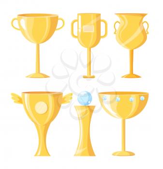 Award cups made of golden material. Icons set trophies with handles labels. Crystal ball diamond precious stone on top isolated on vector illustration