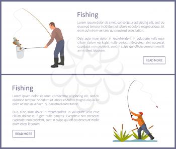 Fishing posters set males coping with fish catching. Rod and landing net on long pole. Seaweed plants and fisherman isolated on vector illustration