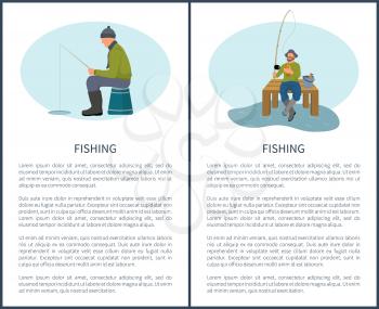 Fishing in summer and in winter vector illustration. Sitting fishers on platform and seat with fish-rod and fish, full bucket and tackle, sport theme