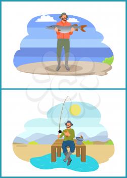 Fishing fisherman on platform and from bank. Sitting and standing men with fish-rod and fish, full bucket isolated on landscape vector illustration