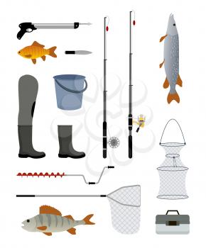 Fishing manufacturers and suppliers icons set. Reel and fishery rod, line spinning bucket fish and floats, tackles bobbins. Waders vector illustration