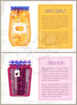 Canned plums and oranges in glass jar with scrap label. Home cooking preserved fruits, summer conservation vector illustration poster with text sample