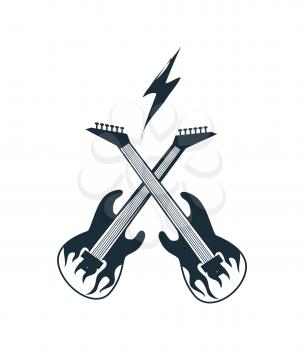 Crossed electric guitar colored black with white flame tongue flat vector illustration isolated on white background. Rock symbol for music design.
