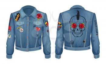 Rock jacket made of denim cloth. Clothes with skull punk style with patches, broken heart sign and flowers. Electric guitar badge vector illustration