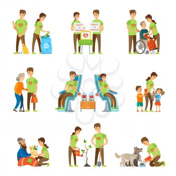Volunteers and charity set vector isolated icons set. Donate to orphans, blood donation, help elderly people. Feeding homeless and dogs, growing trees