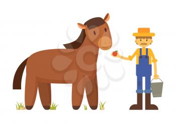 Farmer in blue robe and straw hat and farm animal vector illustration isolated on white. Cartoon character feeding brown horse with red apple poster.