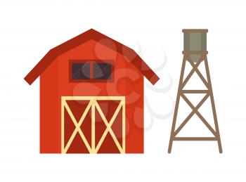 Red stable and water cask vector illustration isolated on bright backdrop, wooden building with big doors and metal barrel for liquid storage on rack