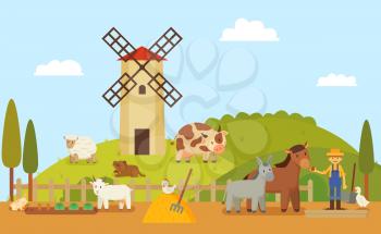 Rural farm or authentic ranch with windmill and grassland. Animals horse and sheep, goose and donkey, farmer vector illustration in cartoon style.
