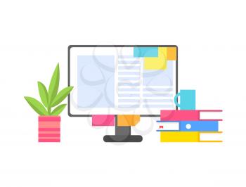 Computer monitor with paper stickers, folders of documents, coffee cup and green indoor plant. Work environment cartoon flat vector illustration.
