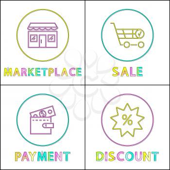 Marketplace and payment posters set. Sale shopping cart for products, discounts for customers. Building to buy items, outline vector illustration