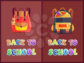 Back to school posters, backpacks and rucksacks. Schoolbags with bear trinket, stationery supplies, copybooks beside pencil vector illustrations set.