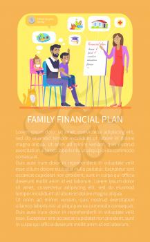 Family financial plan presentation, mother giving ideas on budget, father thinking about vacation, son dreaming of education, vector illustration
