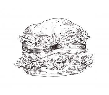 Hand drawn hamburger vector monochrome illustration. Fast food badge sketch style for brochures and banner, restaurant menu and cafe cover template